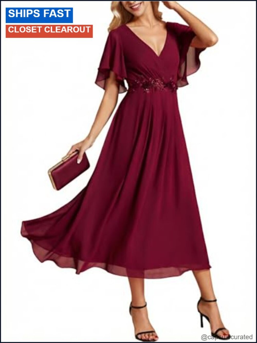 Chiffon Maxi A-Line Wedding Guest Dress Short Sleeve V-Neck Formal
